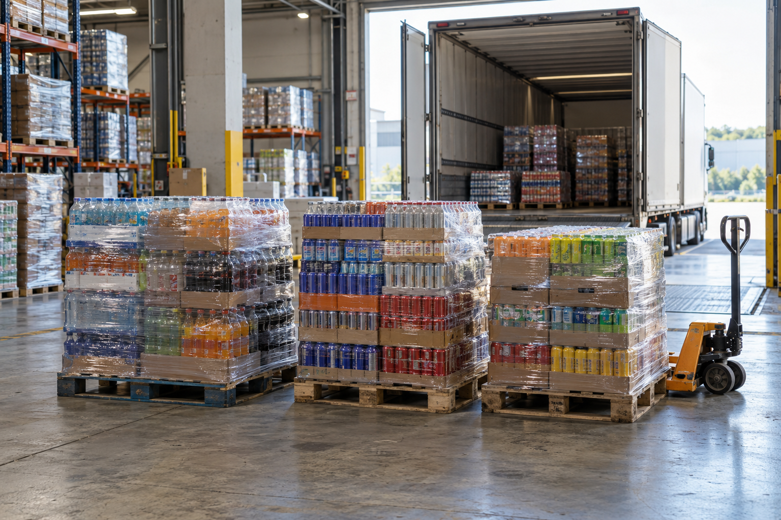 Pallets of assorted wholesale beverages at warehouse loading bay