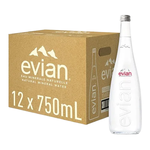 Evian supplier Europe 4 Evian 750 ml glass case