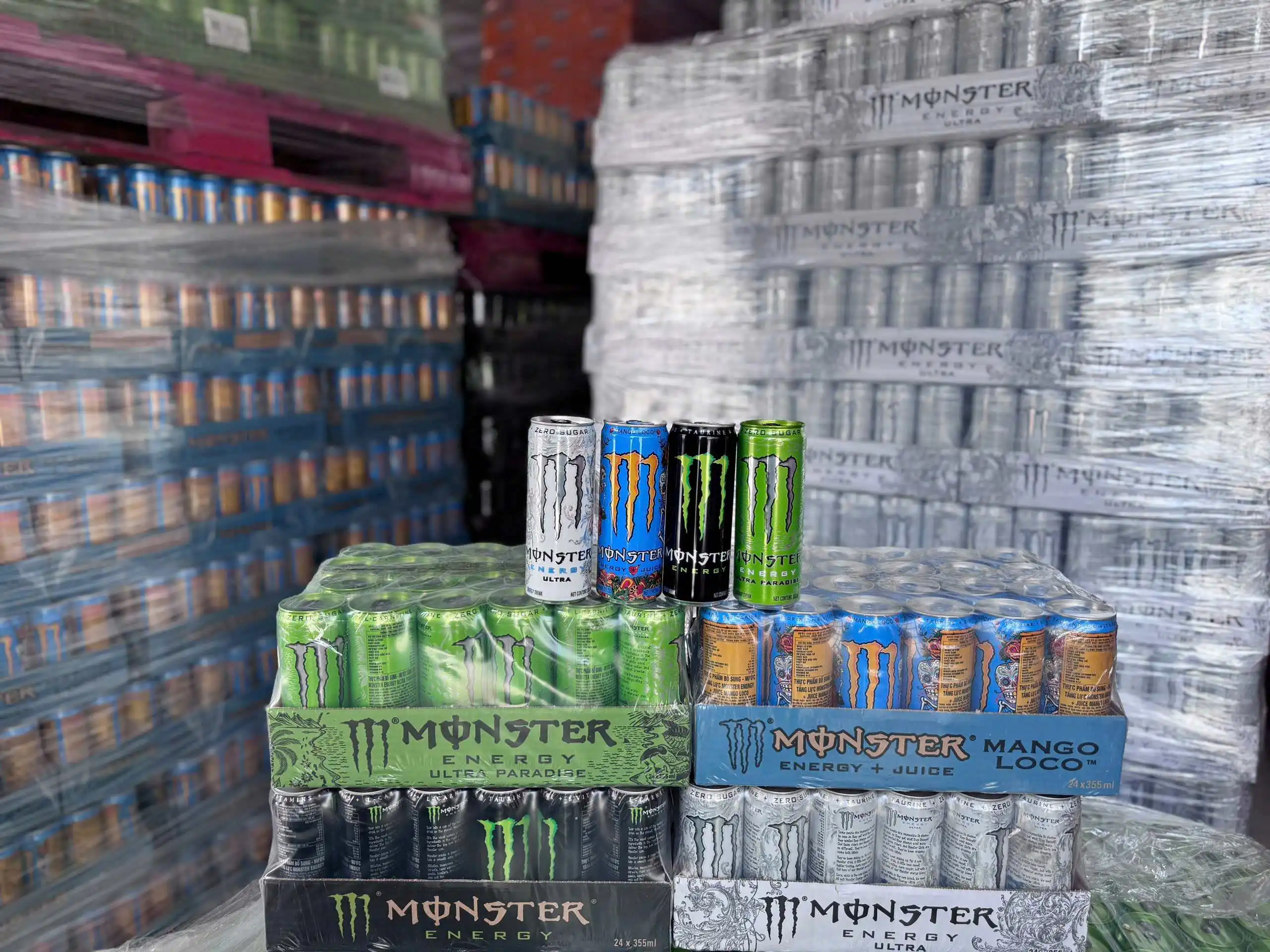 Beverage supplier Europe 2 Monster Energy cases and other beverage stock in a warehouse